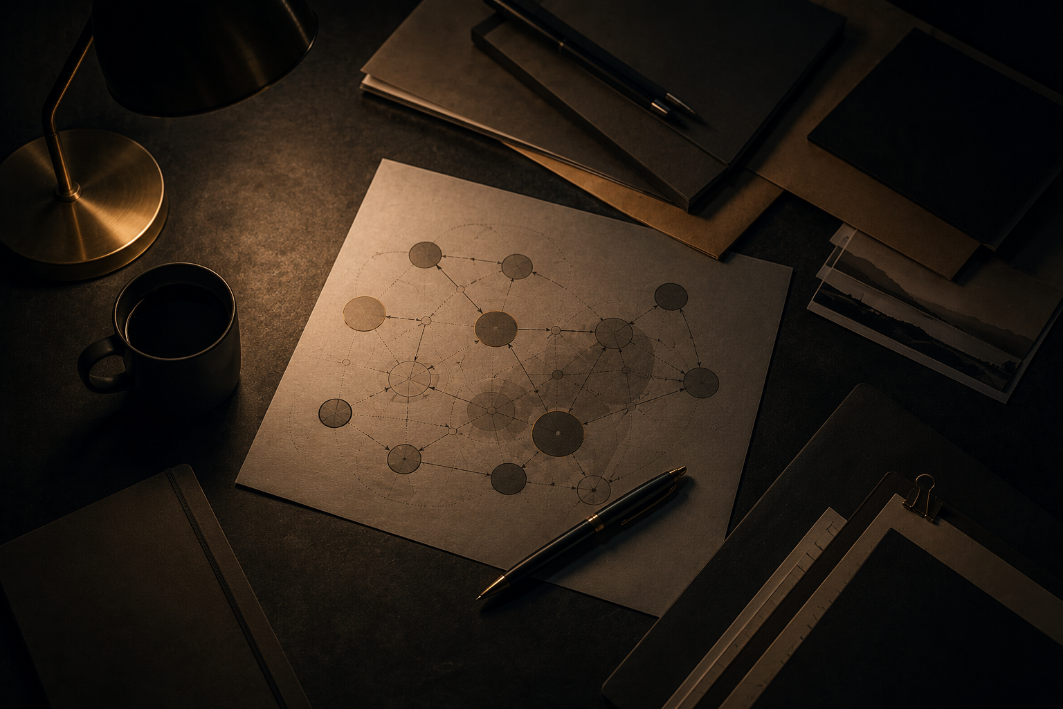Mesa con documentos y mapa en penumbra