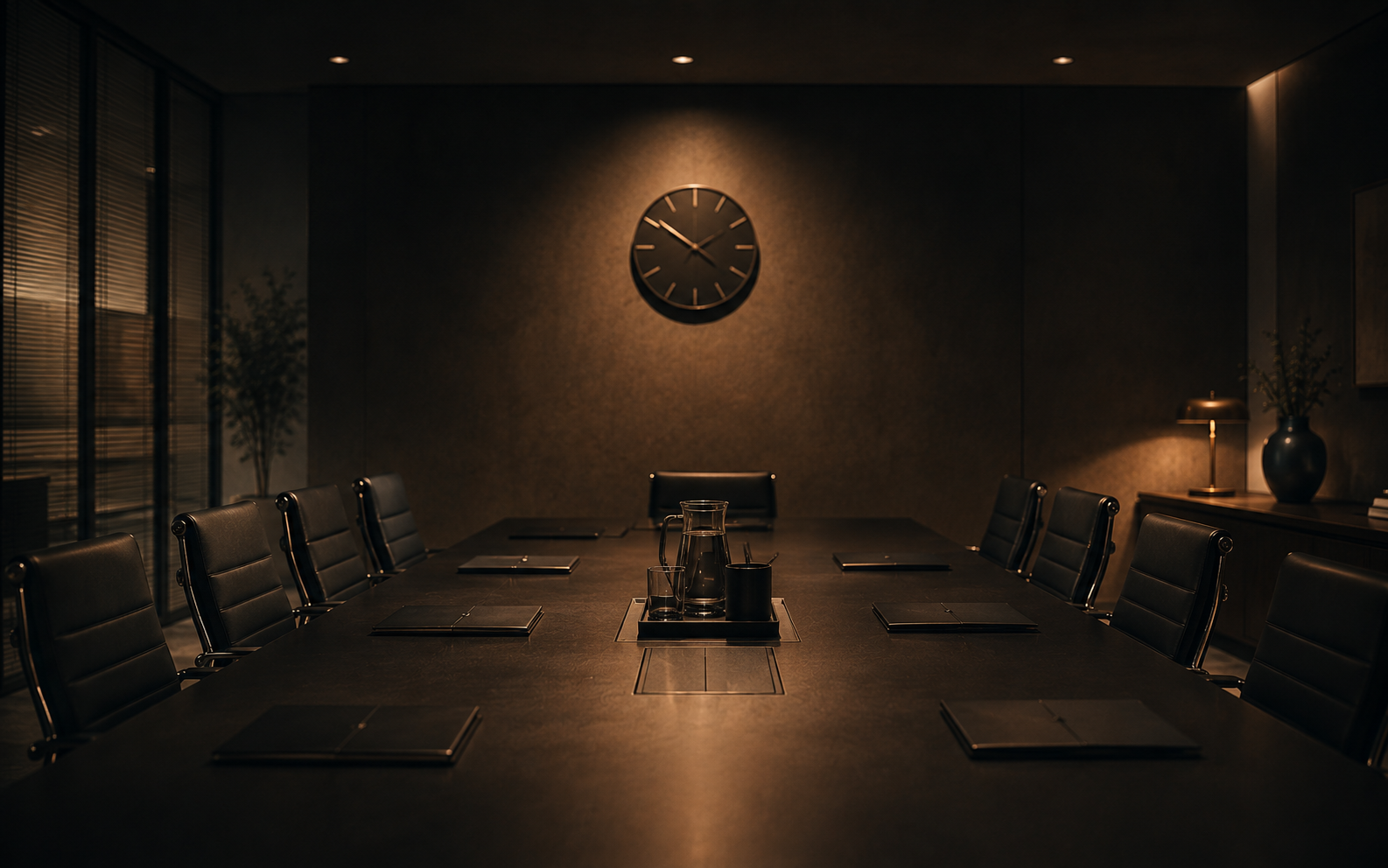 Reloj y sala de reuniones en penumbra