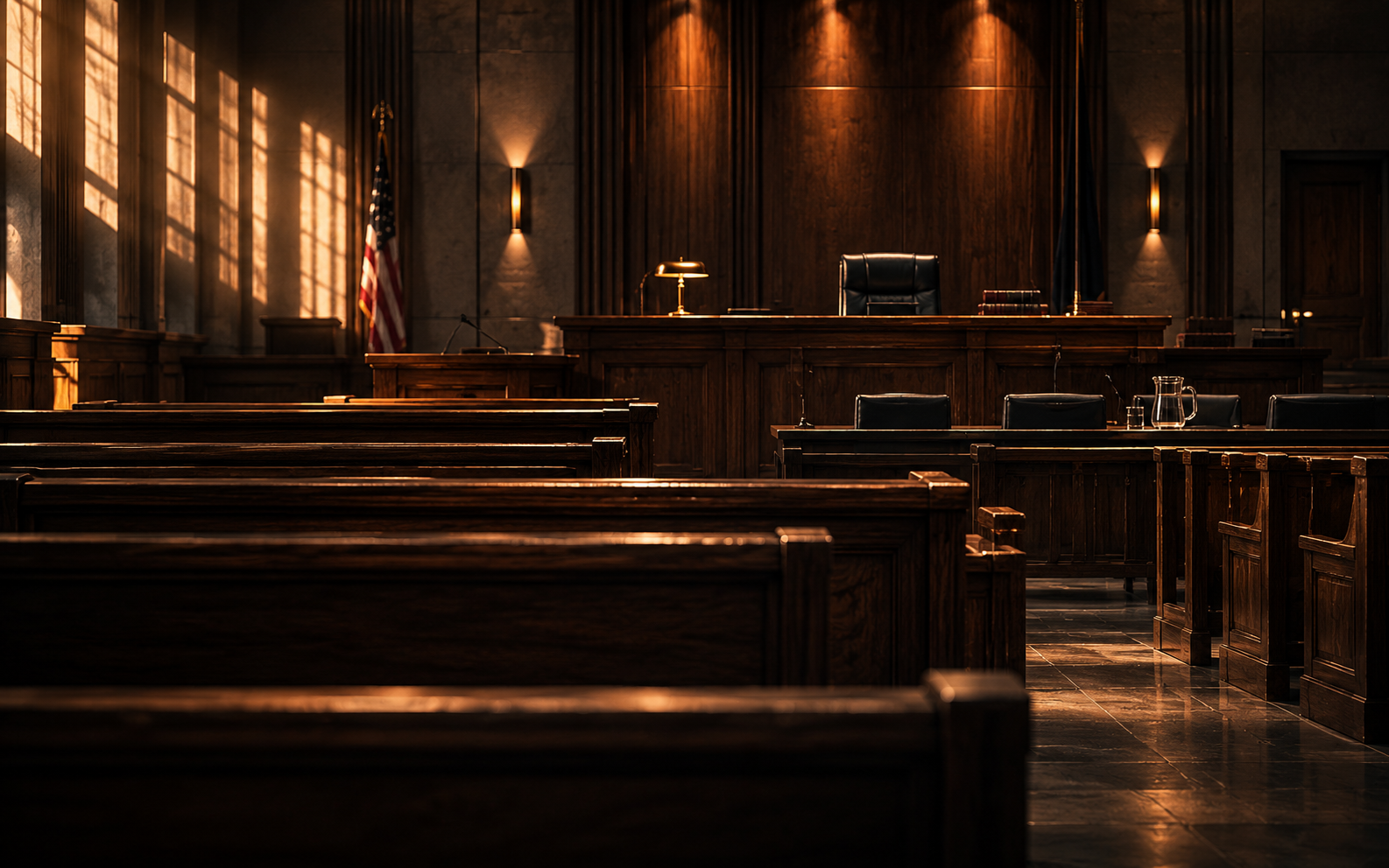 Sala de un tribunal vacía en penumbra