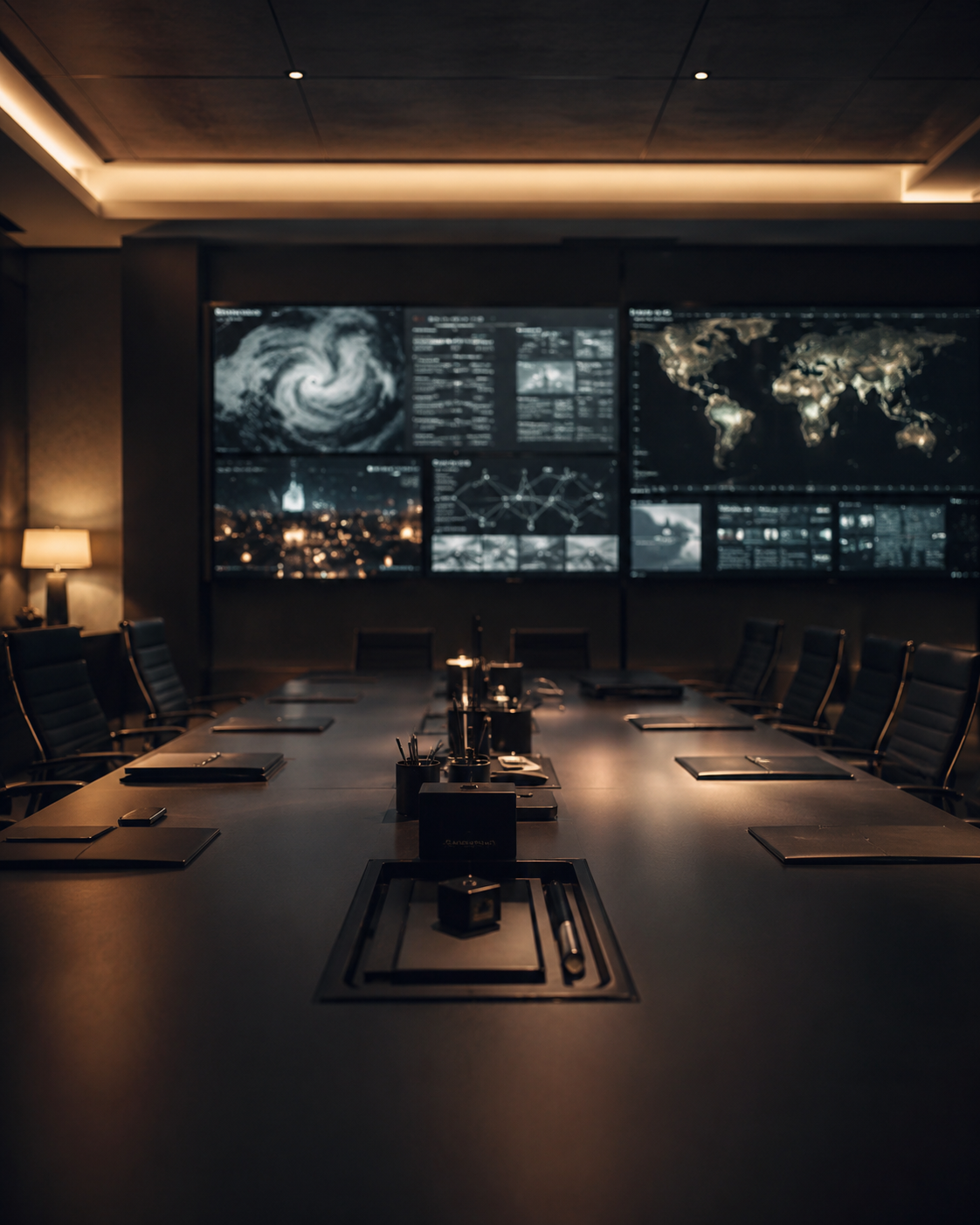 Sala de crisis — pantallas y mesa de reuniones en penumbra